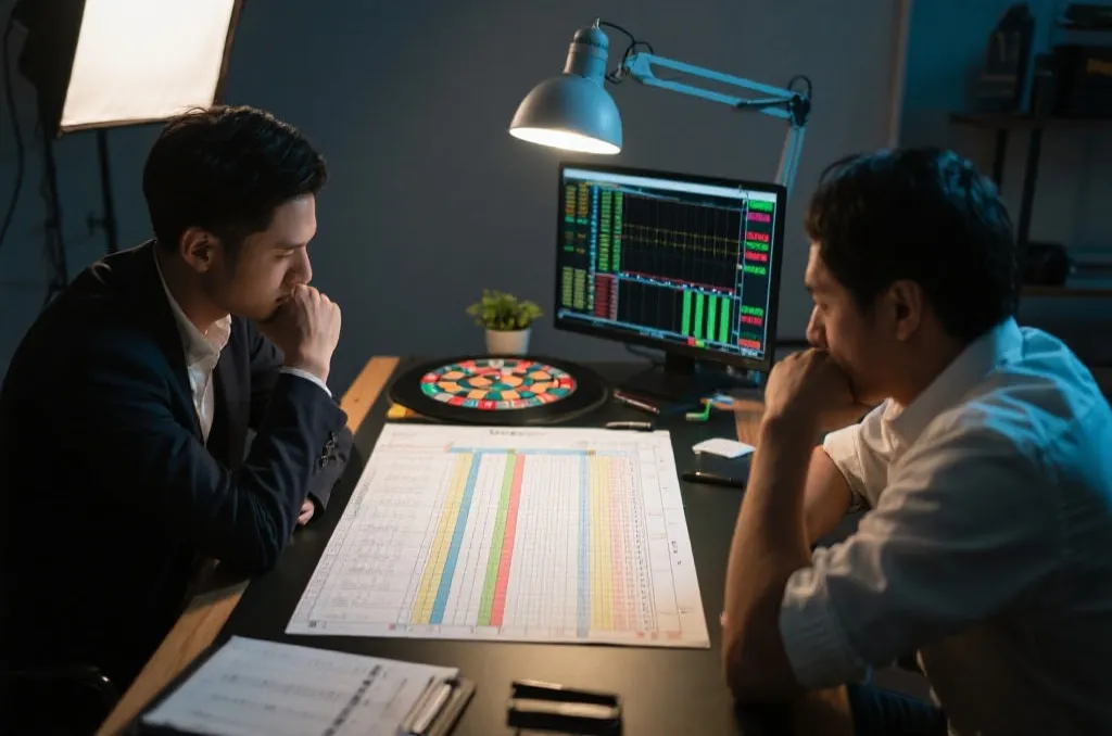 冷静复盘的场景：桌面上的记录表与盘口分析