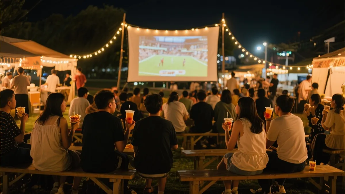 夜市观赛：露天投影幕、灯串与人群围坐的周末嘉年华氛围